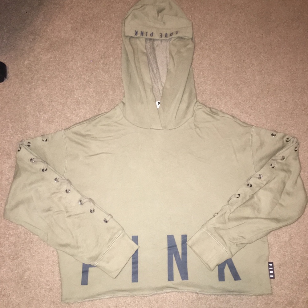 PINK Olive Green Cropped Lace Up Sweater